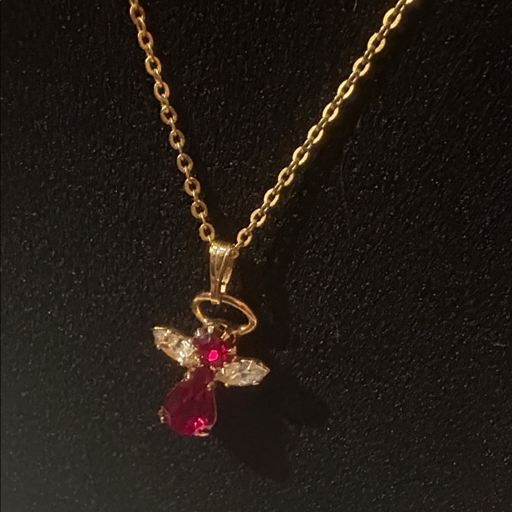 Gold Tone Ruby Red Angel Pendant Necklace - Guardian Angel Protection Gift - NEW